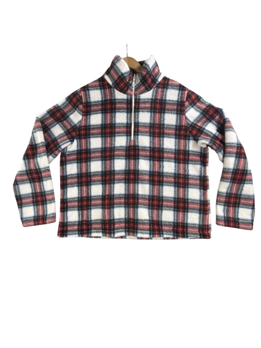 J Crew Sweater Womens XL Red Plaid Faux Fur Fleece 1/4 Zip Mock Neck Pullover
